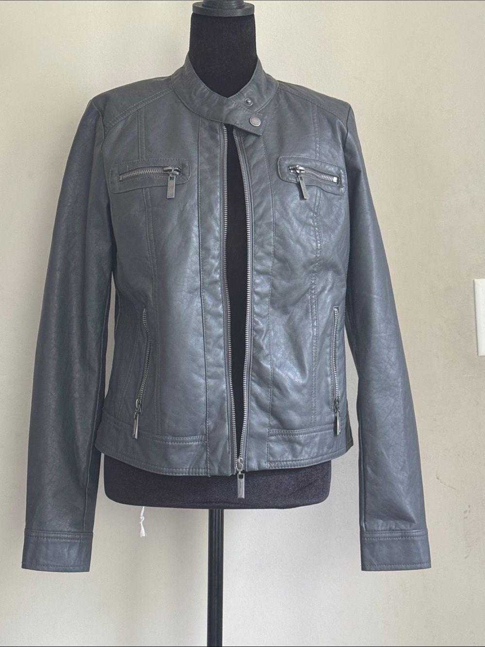 Women’s Grey Faux Leather Moto Jacket